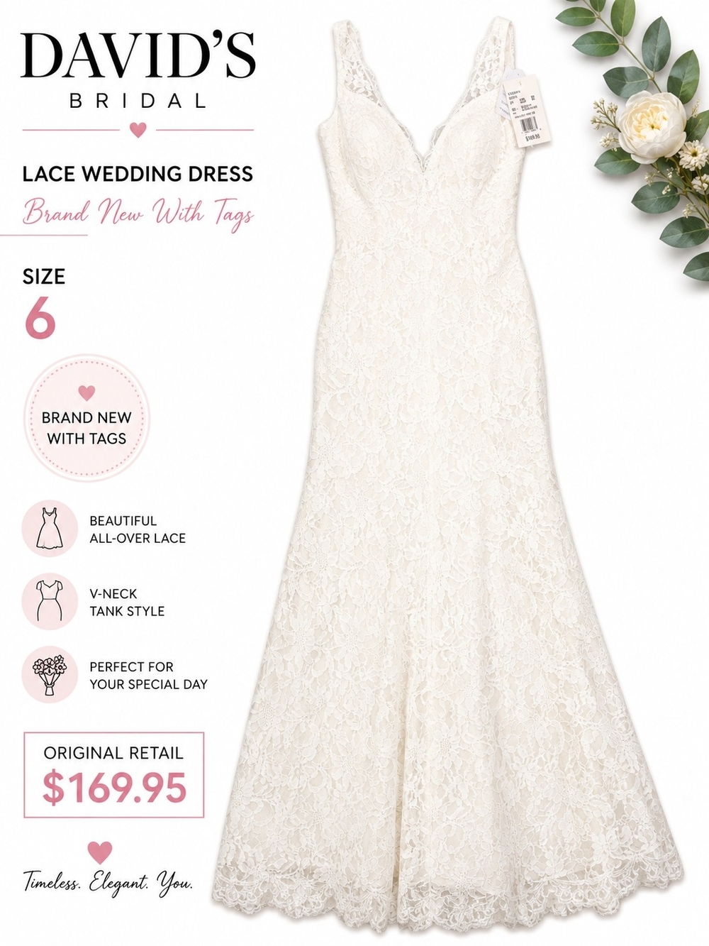 David's Bridal Ivory Lace V-Neck Tank Wedding Gown